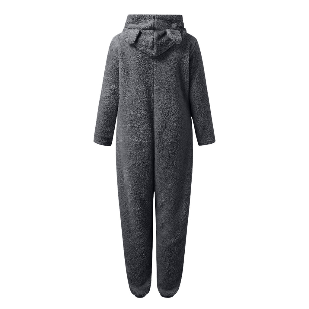 QATAINLAV Sherpa Fleece Jumpsuit for Women Winter Warm Fuzzy Onesie Pajamas Cute Cat Hooded Romper Casual Zip Up Overalls Sleepwear Black XL