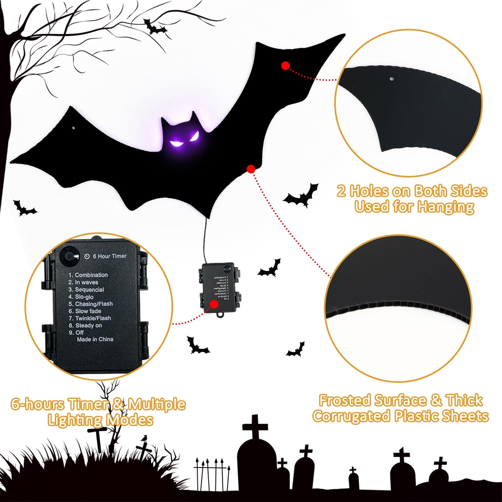 KORALAKIRI 16 Pcs Halloween Hanging Bats Decorations Outdoor, Waterproof Black Bat with Glowing Eyes for Front Door Yard Tree Halloween Hanging Decorations Outside