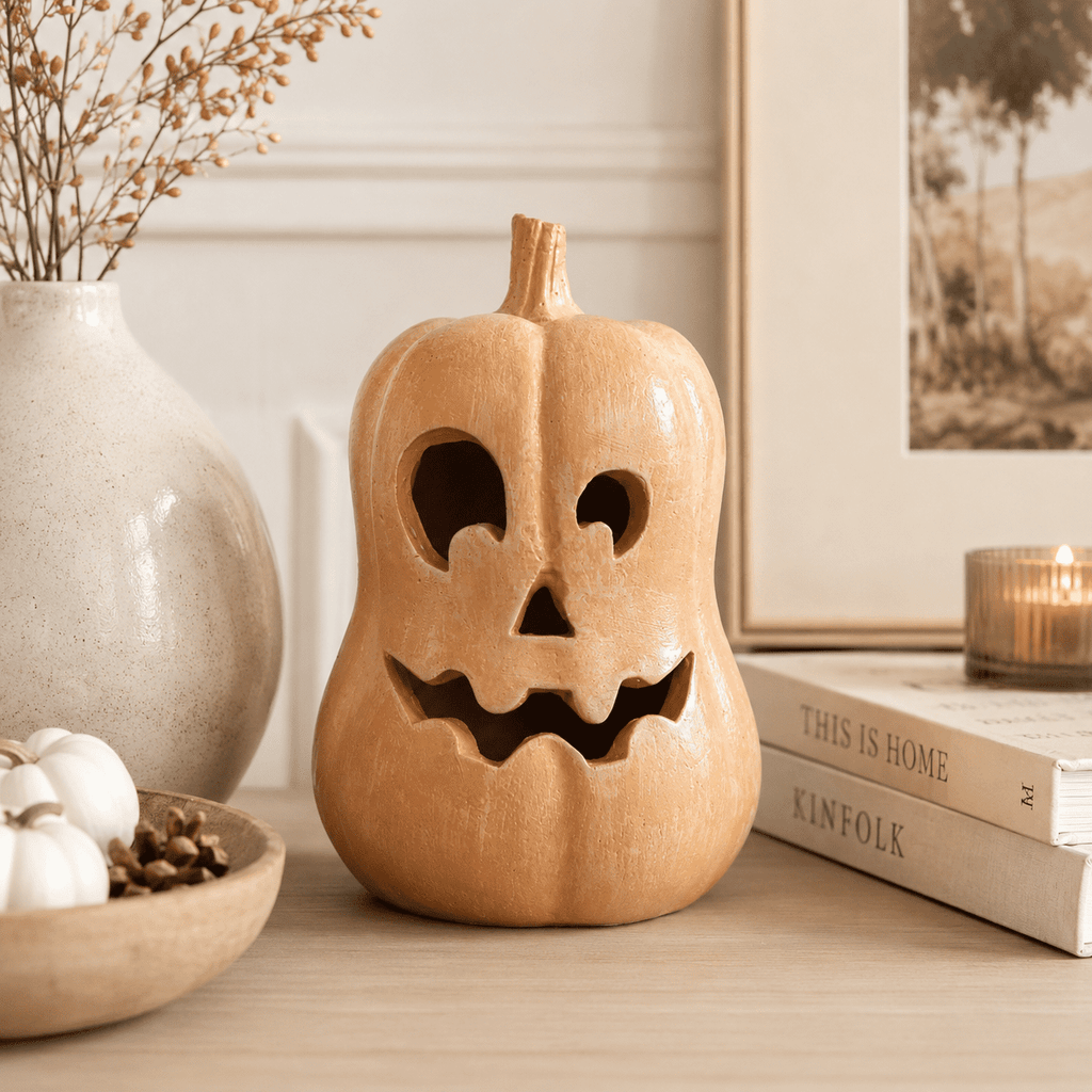 Halloween Handcrafted Jack-O'-Lantern, 5.5" Hand-Carved Pumpkin Decor, Durable Kiln-Fired Autumn Halloween Centerpiece for Indoor Tabletop, Mantle & Fall Home Decoration 2026