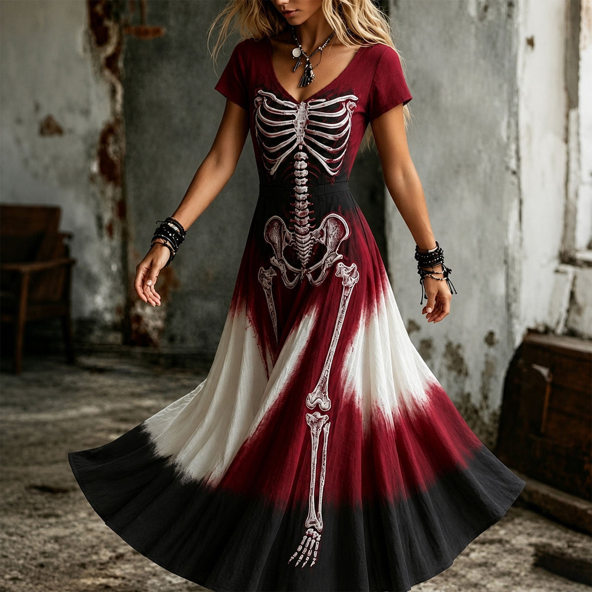 KICILVS Gothic Clothes For Women Black Spiderweb And Spider Print Flowing V Neck Long Maxi Dress Halloween Cosplay Gothic Party Dress