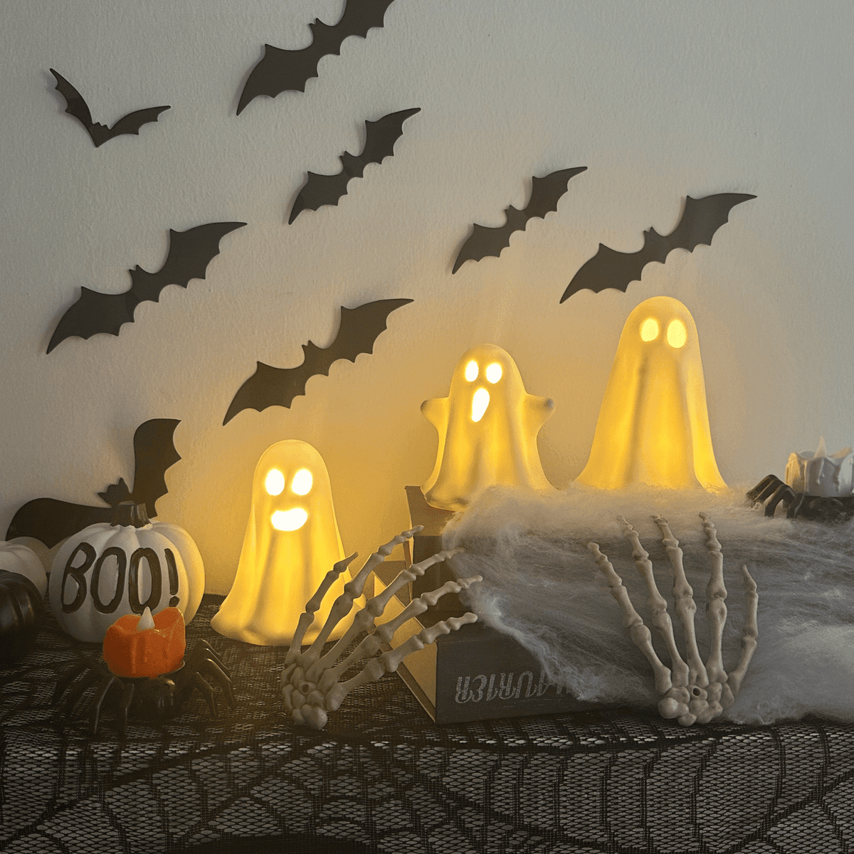 3 Pack Halloween Ceramic Ghost Decor, Cute Halloween Ghost with LED Lights, Small Ghost Spooky Figurines for Halloween Tabletop Centerpieces Fireplace Indoor Decoration