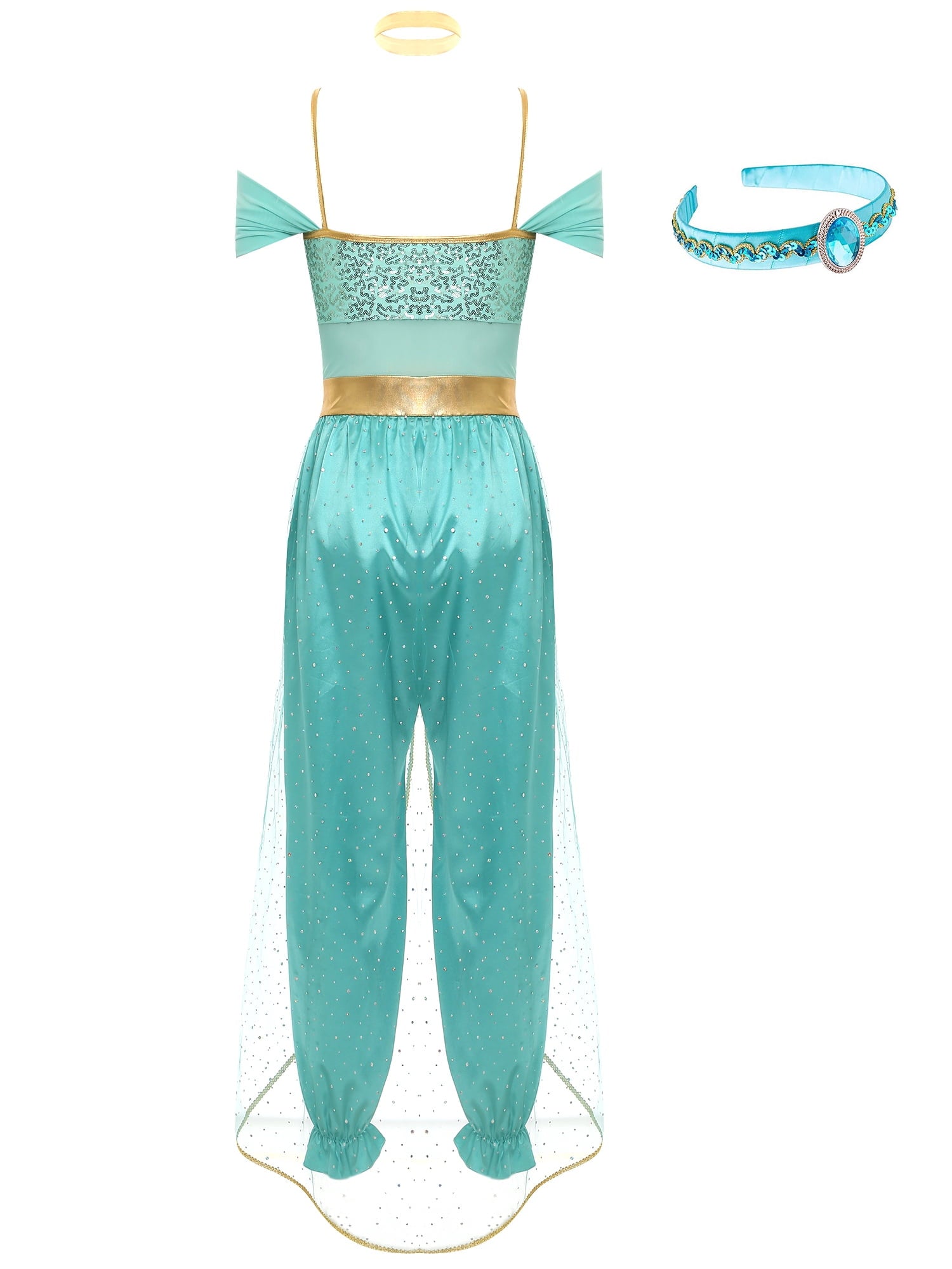 YiZYiF Women's Arabian Princess Dance Costume Halloween Party Fancy Dress Shiny Belly Dance Jumpsuit Turquoise B 4XL