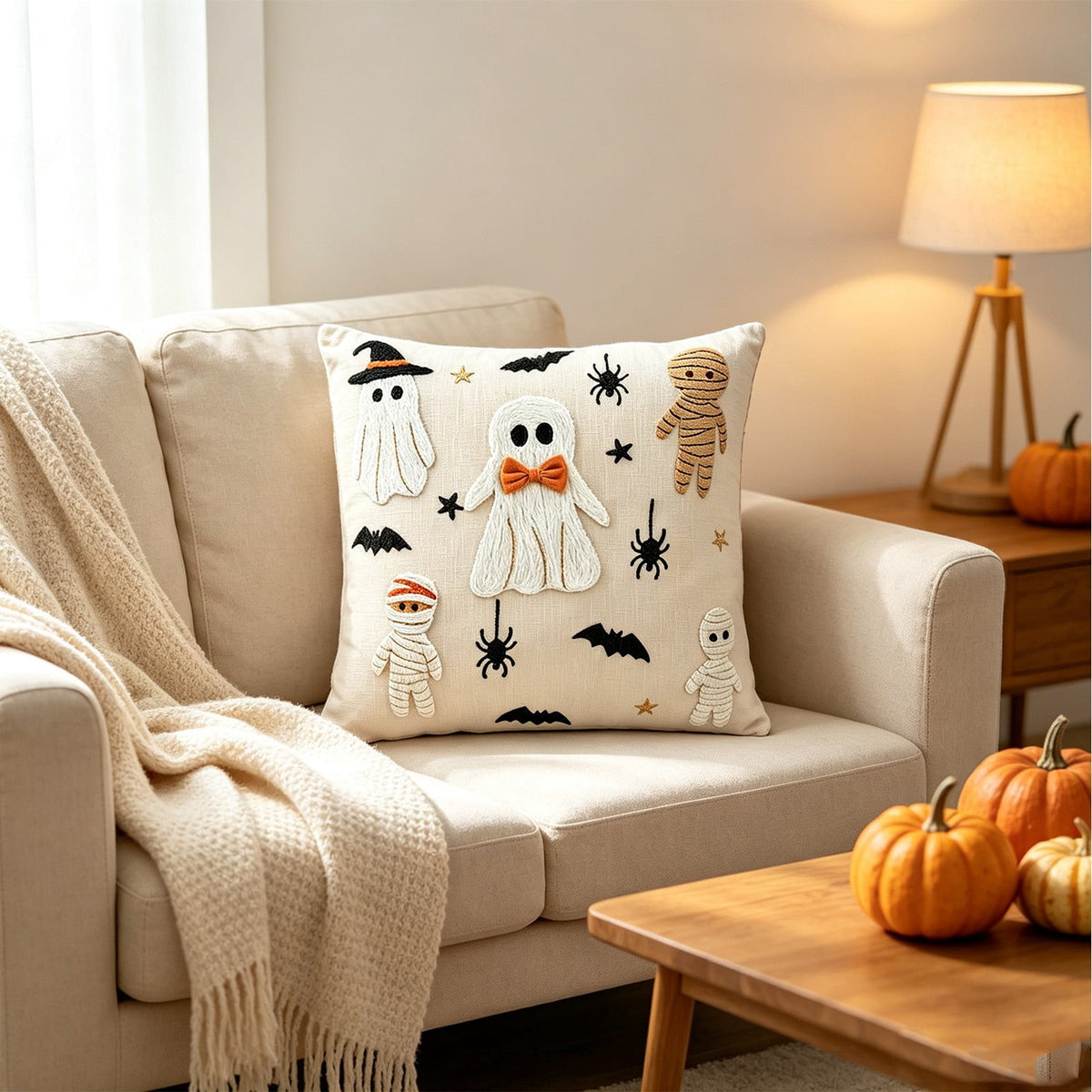Yeciiwht Halloween Throw Pillow Cover – 18*18inch Embroidered Linen Cushion Case with Ghost, Mummy & Bat Designs, Invisible Zipper, Machine Washable