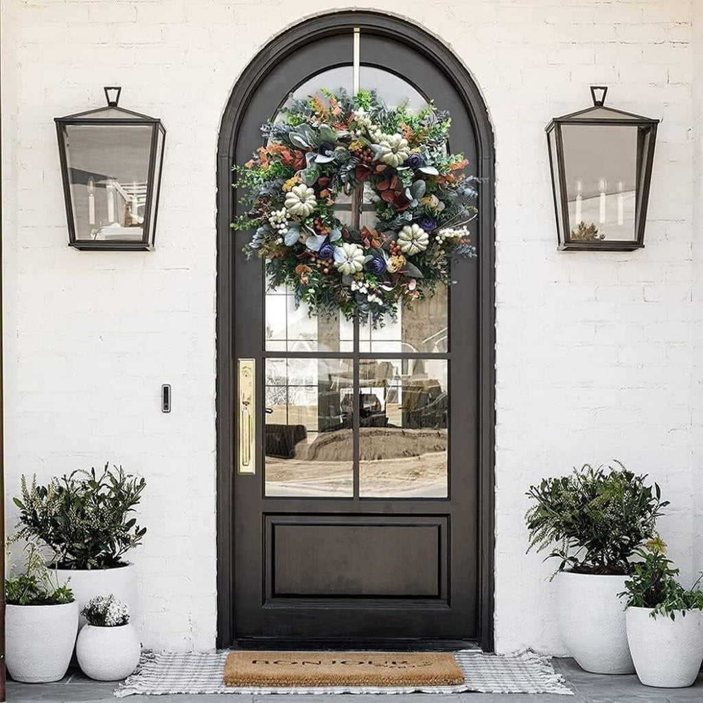 Artificial Fall Wreaths for Front Door Rustic Autumn Wreath with Pumpkin,Rose,Berry Branchesm,Mixed Leaves Thanksgiving Wreath Fall Door Wreath for Halloween Thanksgiving Indoor Outdoor Decor (B17.7)