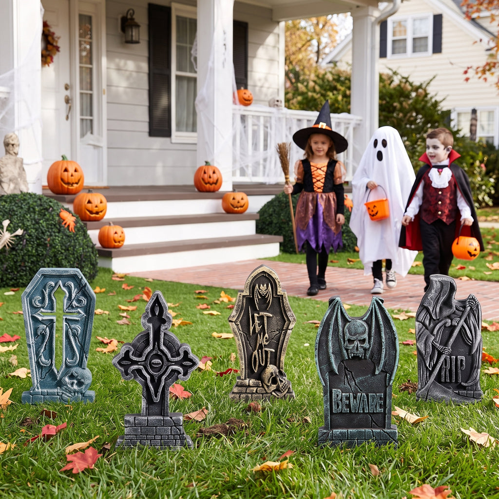 Joyfy 17" Halloween 5 Pack Tombstone Decorations, Foam RIP Graveyard Signs Cemetery Headstones Scary Outdoor Indoor Halloween Decor with 12 Metal Stakes for Easy Set Up, Waterproof for Garden Lawn