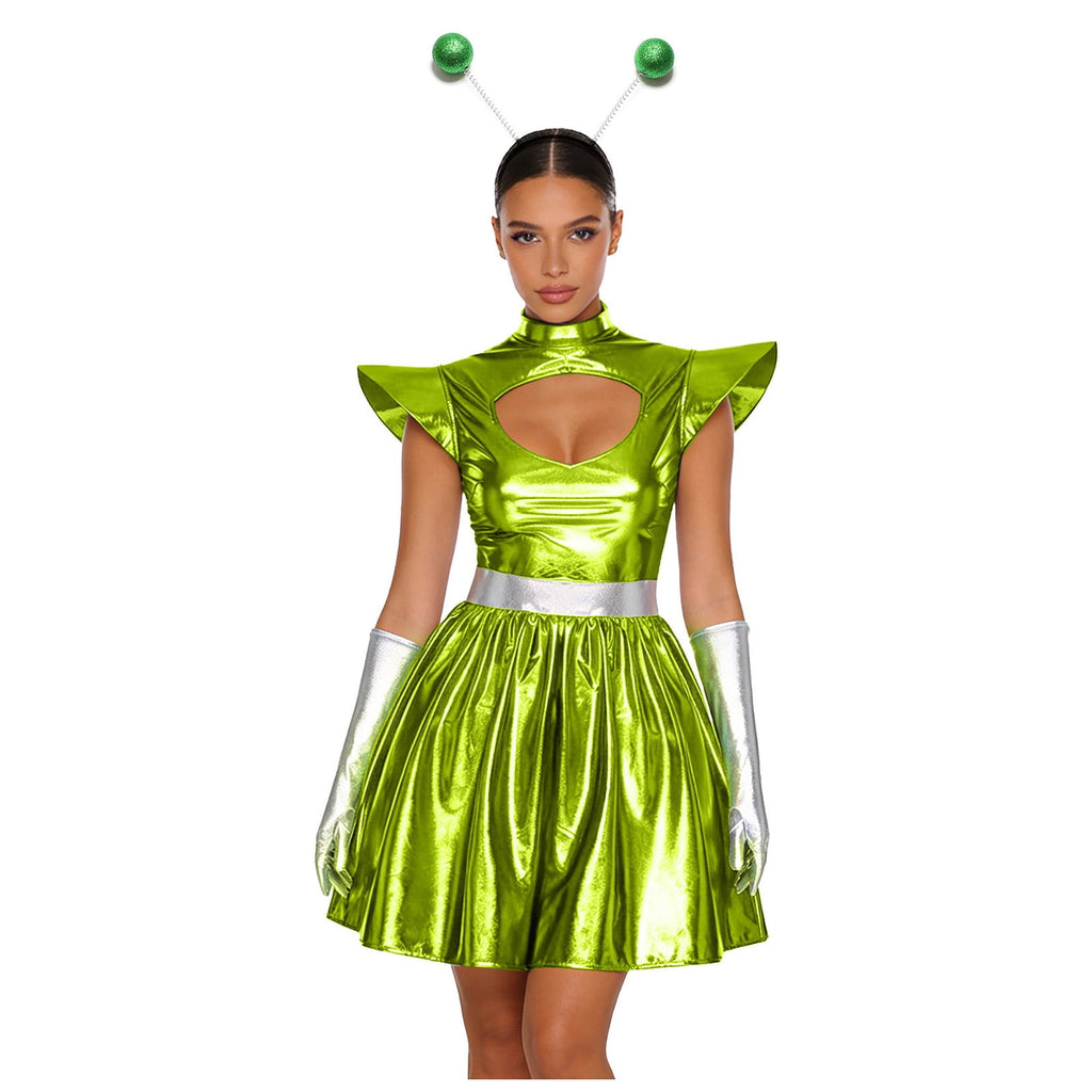 Aislor Womens Outer Space Alien Dress with Gloves Headband Halloween Space Cadet Rave Outfit Blue 3XL