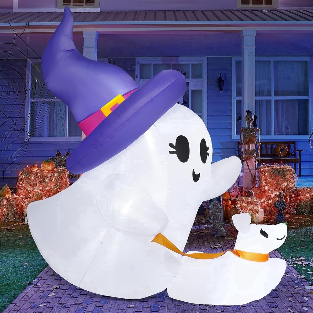 Joyfy 5ft Halloween Inflatables Light up Cute Ghost,Blow Up Ghost Lift Pumpkin Candy Bag with Build-in LEDs for Yard Decorations