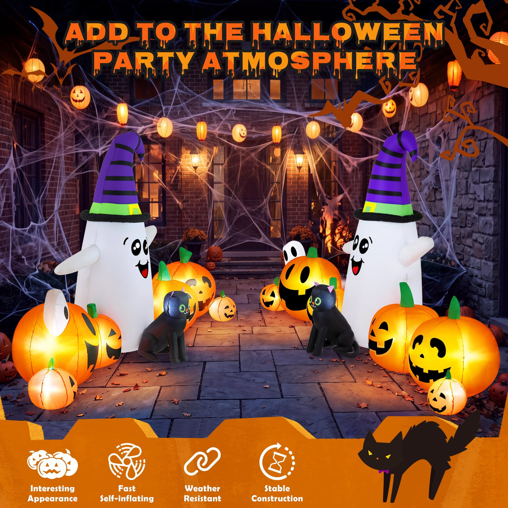 Yexmas 8 FT Long Halloween Inflatable Ghost with Witch Hat, 6 Pumpkins Halloween Blow Ups with Black Cat for Halloween Party Outdoor Yard Garden Lawn Decor