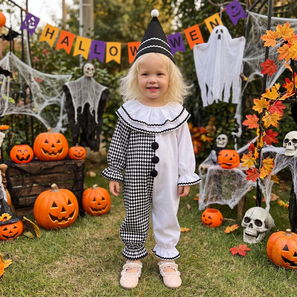 RUINIXCW Kids Toddler Baby Girl Boy Halloween Outfit Clown Costume Infant Baby Girl Boy Romper Birthday Photoshoot Outfit Contrast Color Long Sleeve Jumpsuit Hat