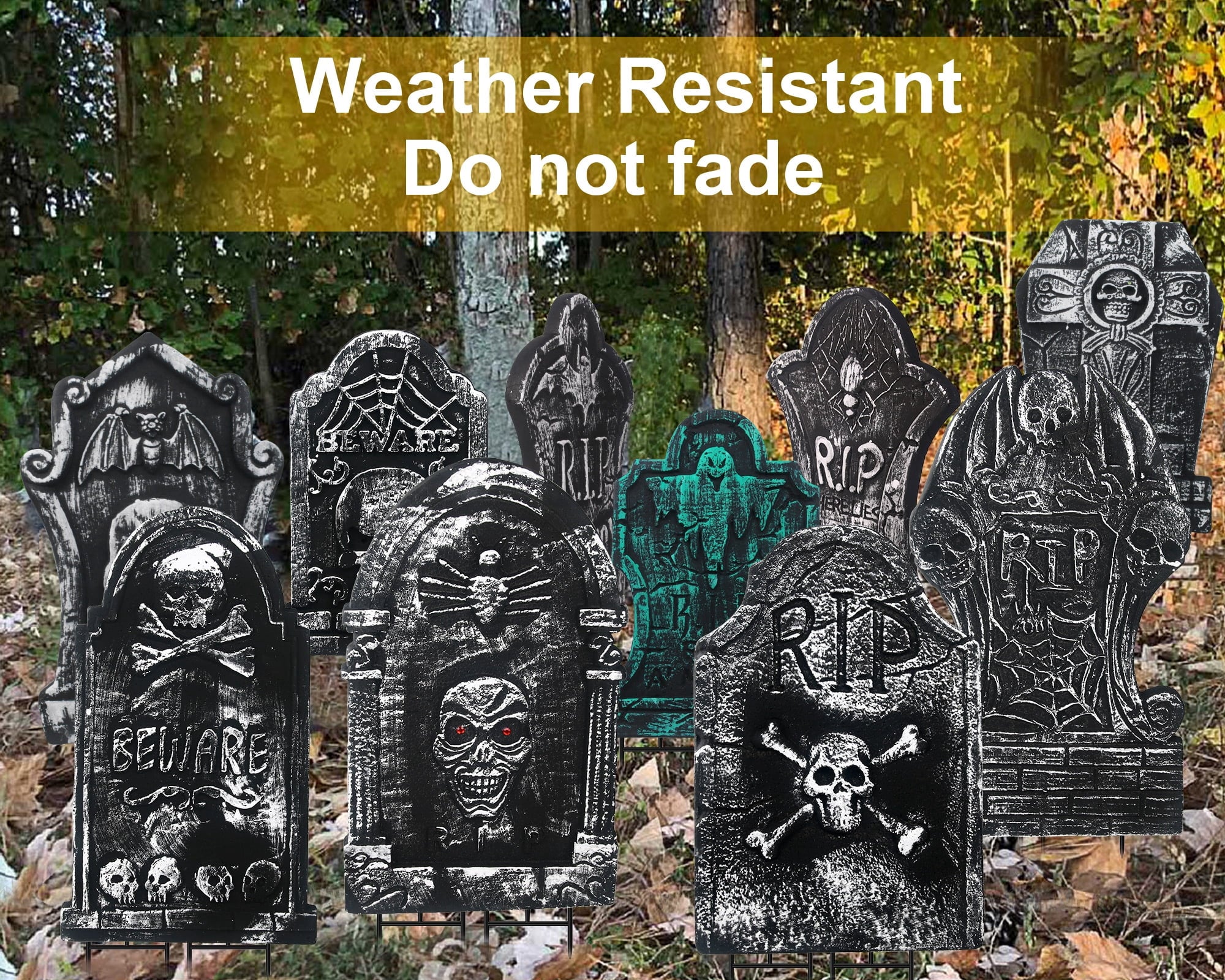 Gamexcel 3-Pack Large 17" Halloween Foam RIP Tombstones with Stakes - Graveyard Lawn Decorations for Spooky Haunted House Decor
