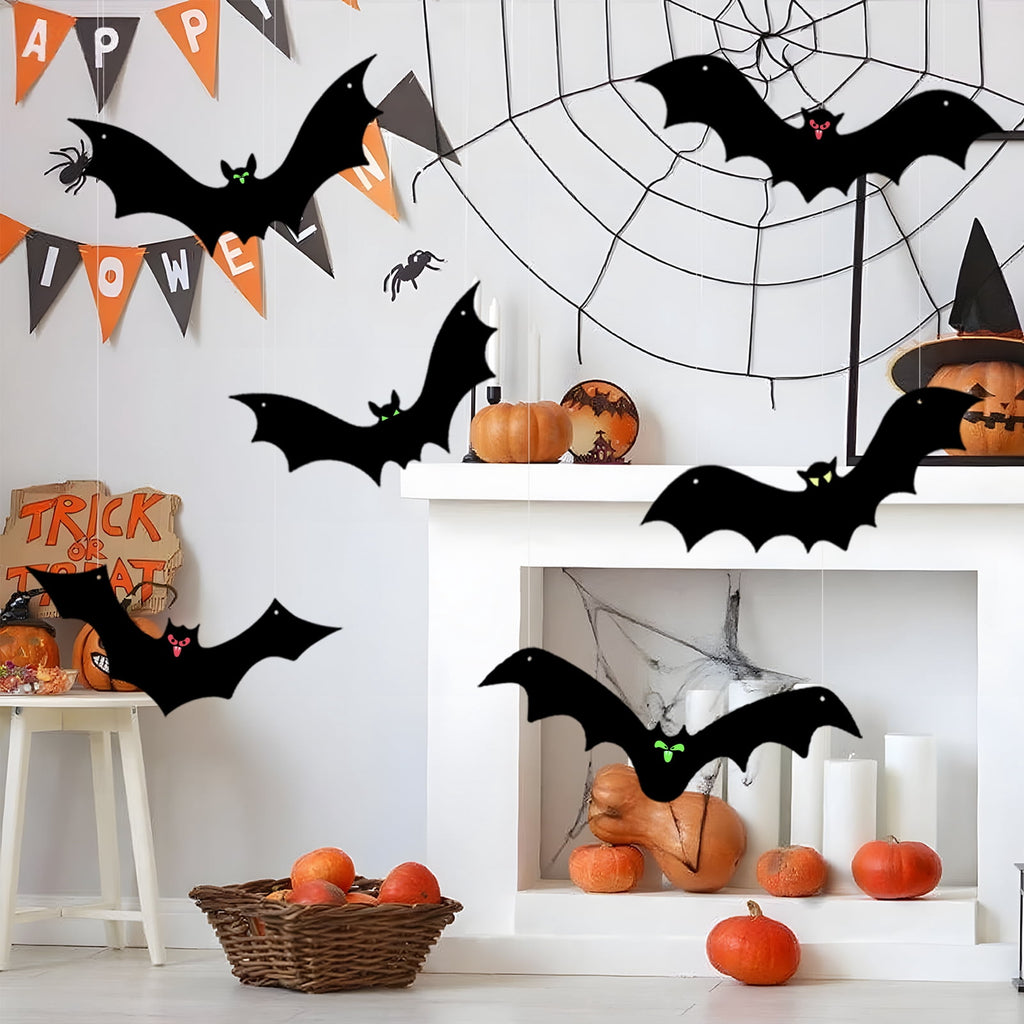KORALAKIRI 16 Pcs Halloween Hanging Bats Decorations Outdoor, Waterproof Black Bat with Glowing Eyes for Front Door Yard Tree Halloween Hanging Decorations Outside