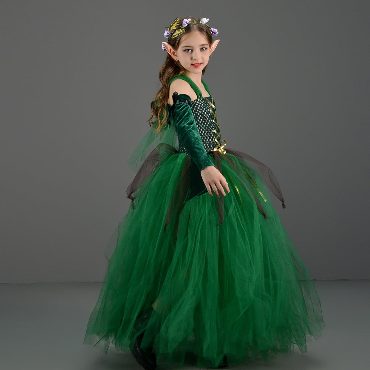 Girls Halloween Forest Elf Fairy Costume Green Sleeveless Tulle Tutu Dress+ Arm Sleeves+ Elf Ears+ Garland