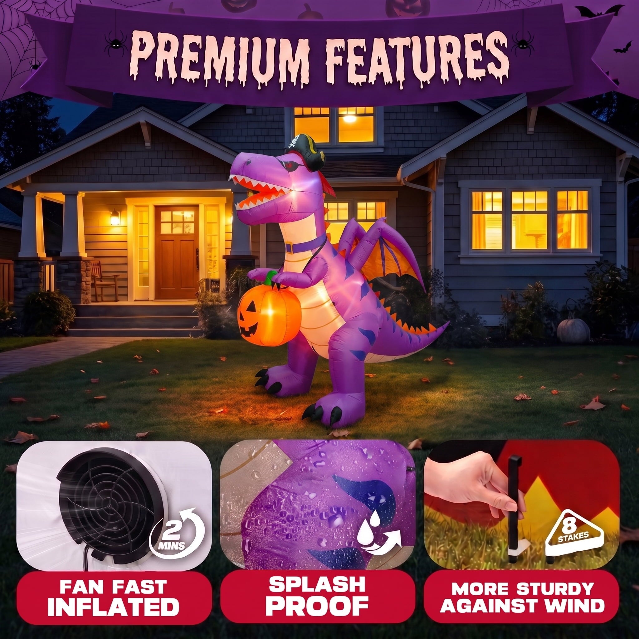 Glazina 8.2 FT Halloween Inflatable Purple Pirate Dinosaur with Pumpkin, Built-In LED Lights, Outdoor Halloween Blow Up Yard Decoration