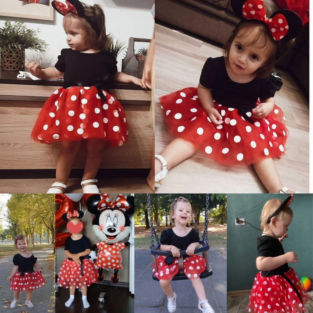 Jurebecia Girls Red Polka Dot Tutu Dress with Bow Headband, Baby Toddler Party Costume for Birthday & Cosplay (110 cm)