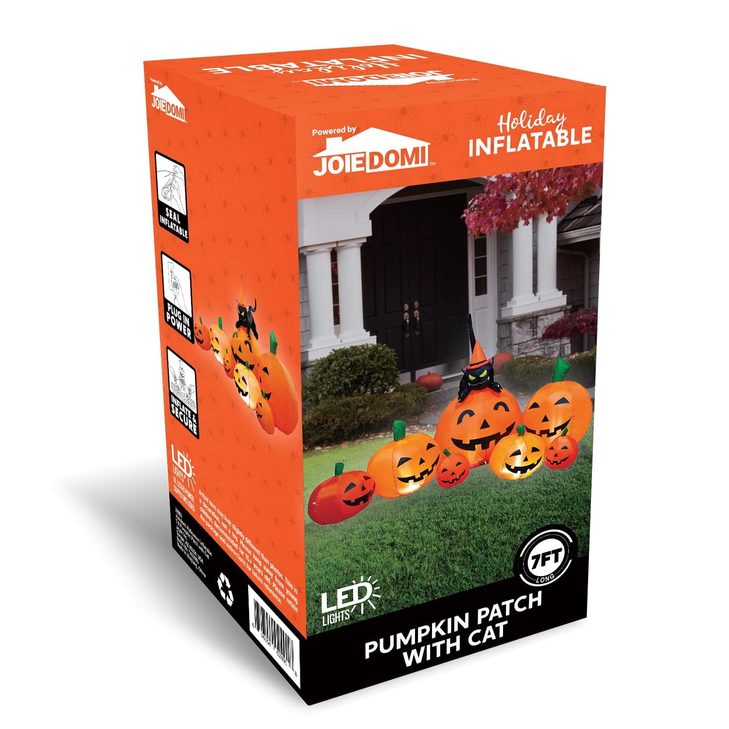 Joyfy 7 ft Halloween Inflatable Long Pumpkin with Witch's Cat Decorations Inflatables with Build-in LEDs,Halloween Decor Outdoor Blow Up Yard Decorations