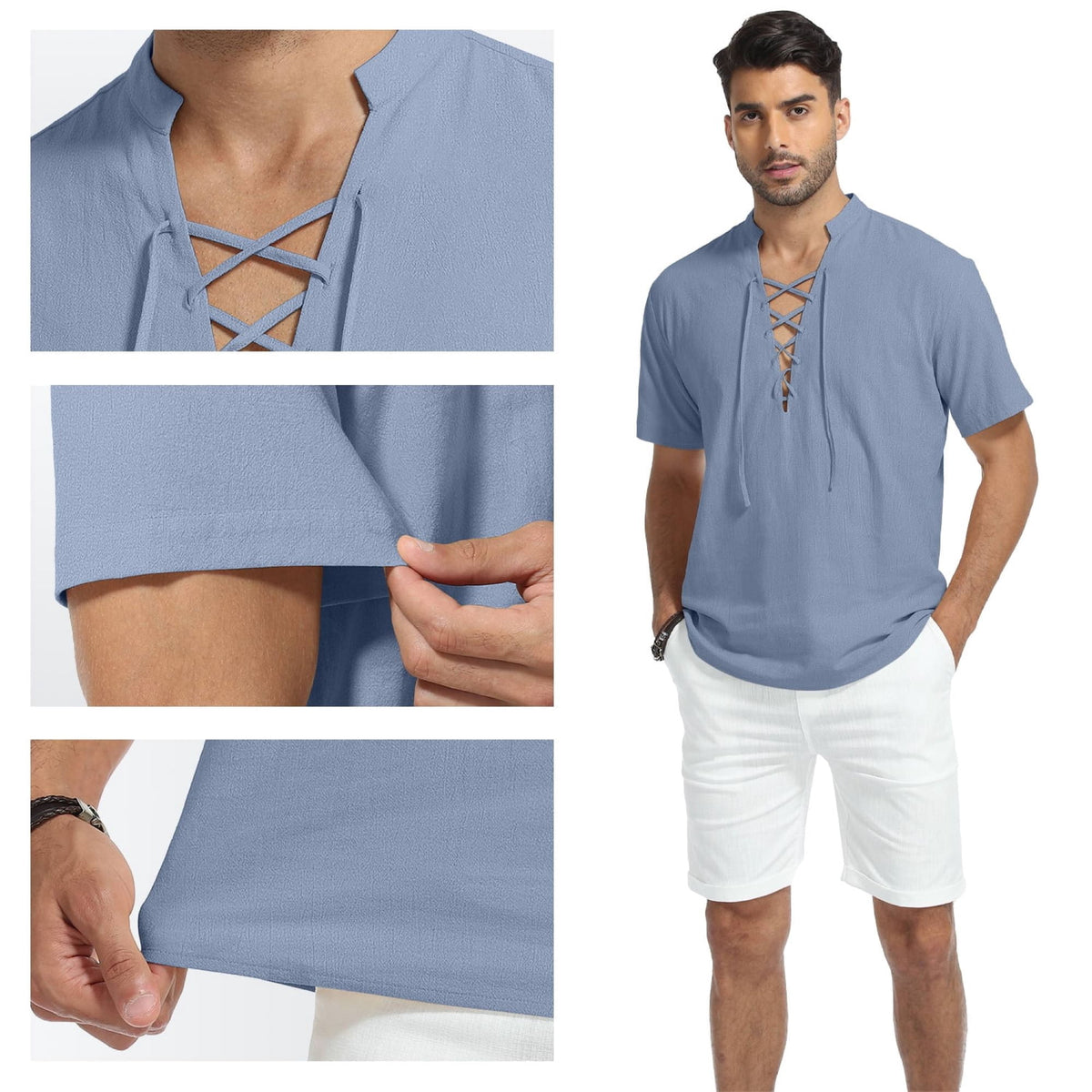 HAOMEILI Men's Cotton Linen Lace-Up V-Neck Short Sleeve Shirt
