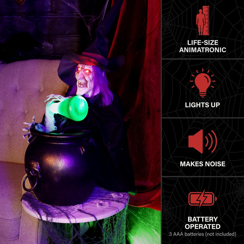 Witch Pouring Potion Halloween Animatronic with Red & Green LEDs, 1.8-Ft, by Haunted Hill Farm