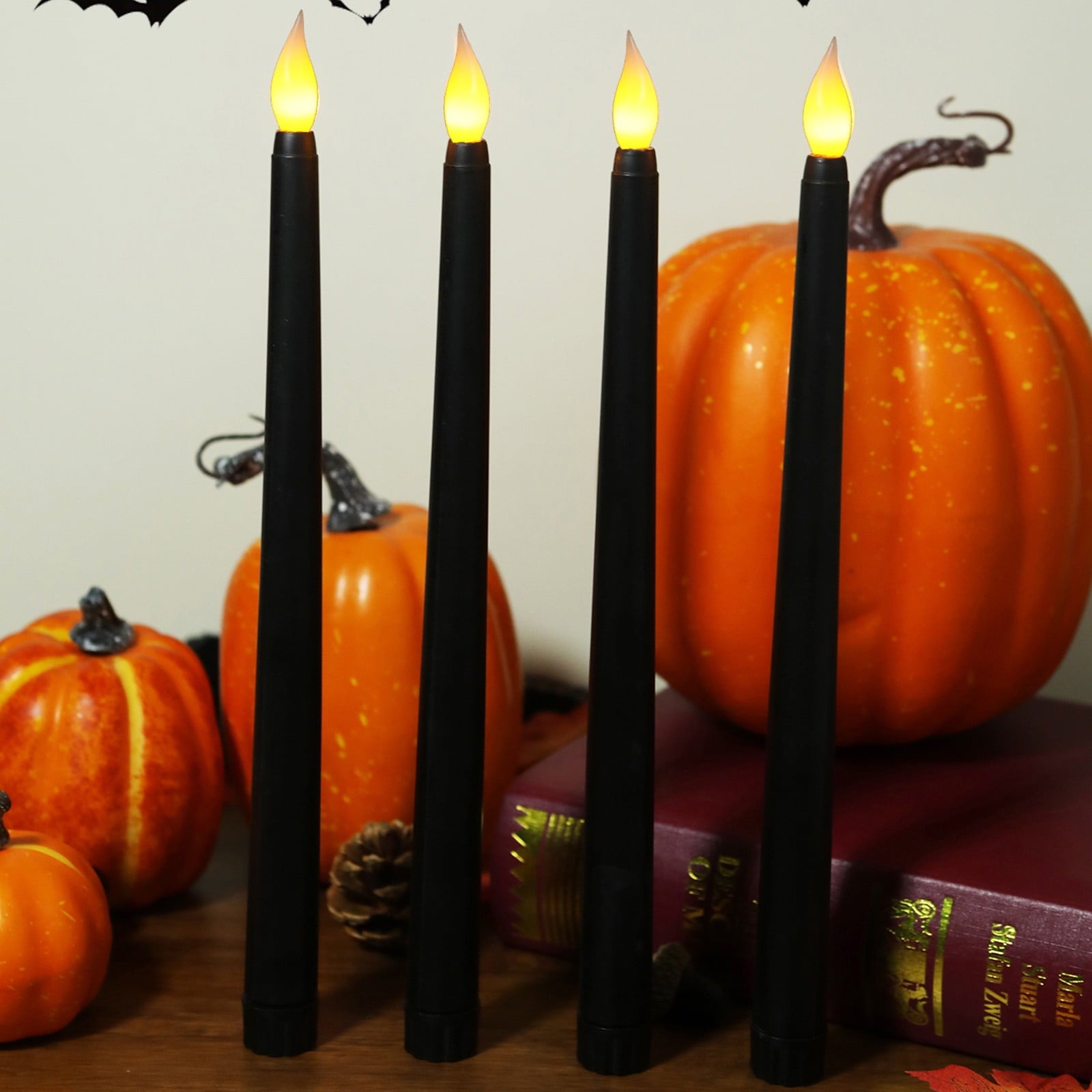 TOPRenddon Black Flameless Taper Candles, Flickering Battery Halloween LED Candlesticks Set of 2, Gothic Wedding Decor