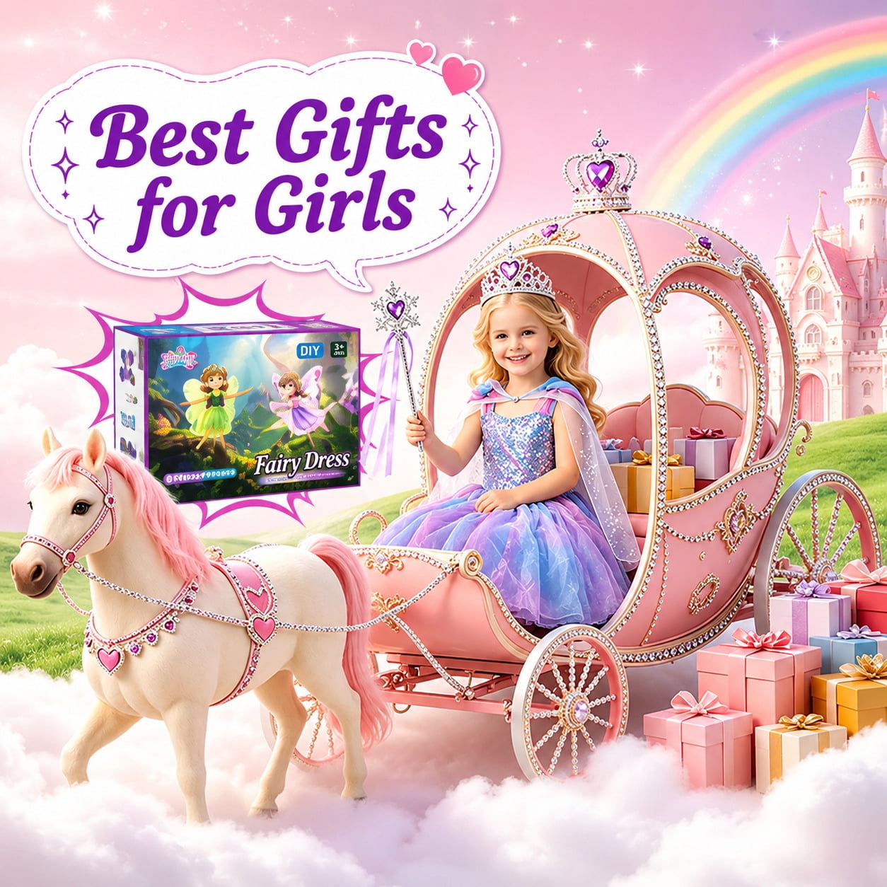 WonderStone Princess Dress for Girls, Light-Up Fairy Costume Dress-Up with Luxury Accessories, Purple Tutu Outfit for Birthday Parties, Kids & Toddlers Ages 5-6