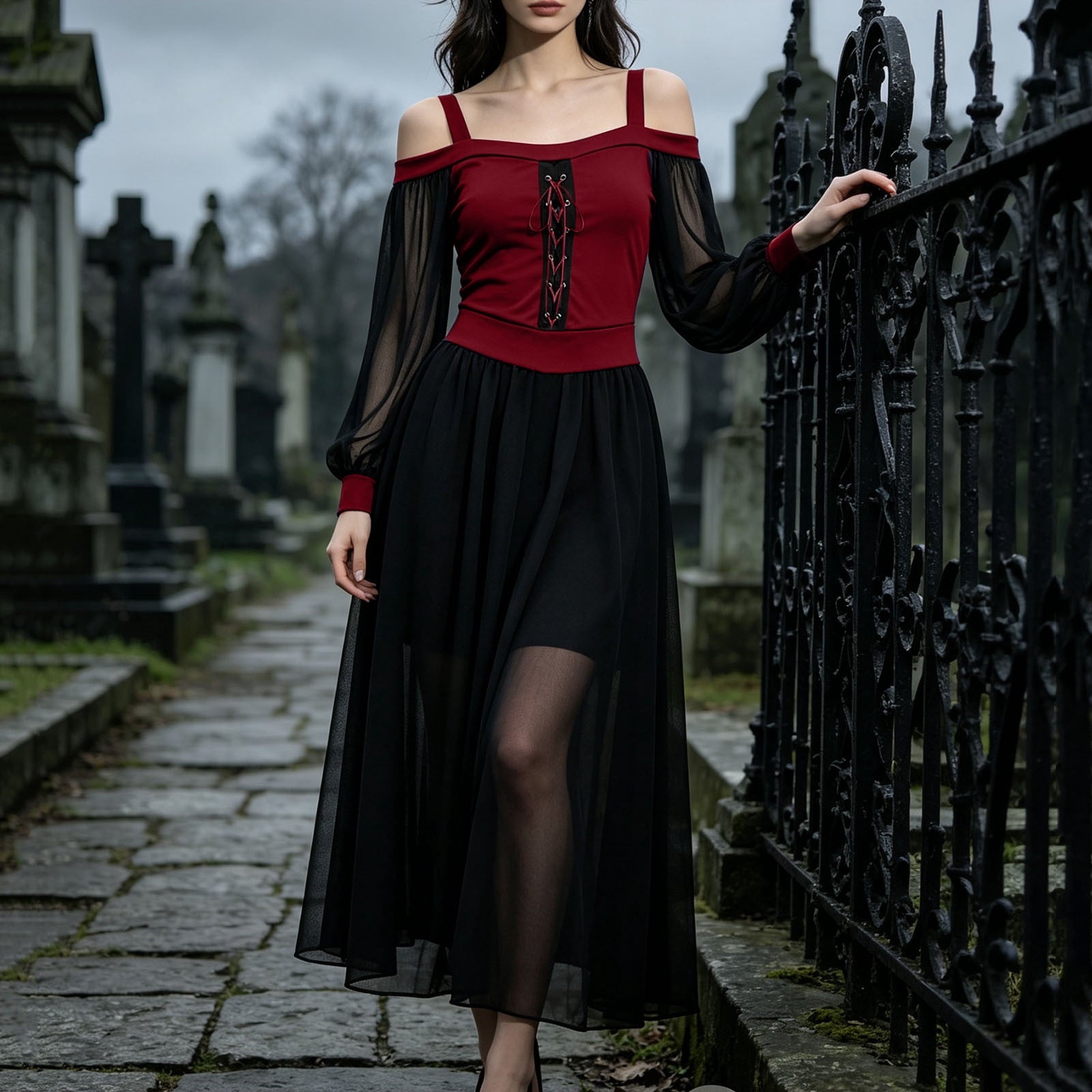 JOANKDMI Women's Gothic Midi Dress Elegant Vampire Costume Cold Shoulder Sheer Long Sleeve Lace-up Corset for Roleplay Halloween Party Outfit Chic, S-3XL