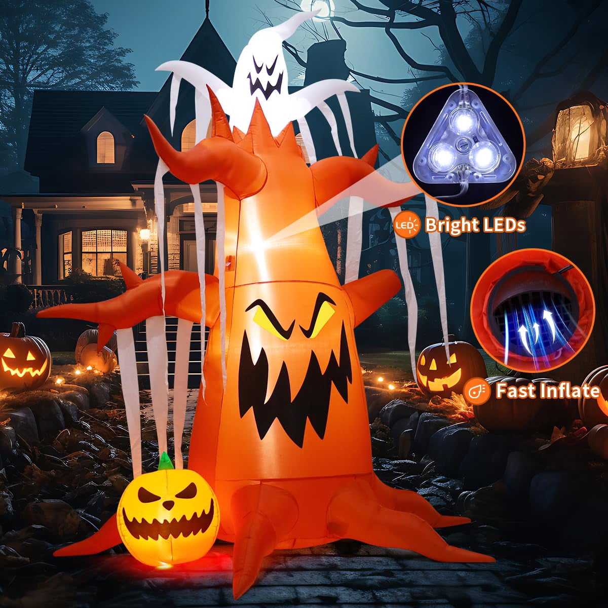 GOOSH Halloween Inflatables 10 FT Inflatable Halloween Tree with LED Lights, Scary Halloween Tree Inflatables Spooky Tree Inflatable with Pumpkin and Ghost, Outdoor Halloween Decorations for Holiday