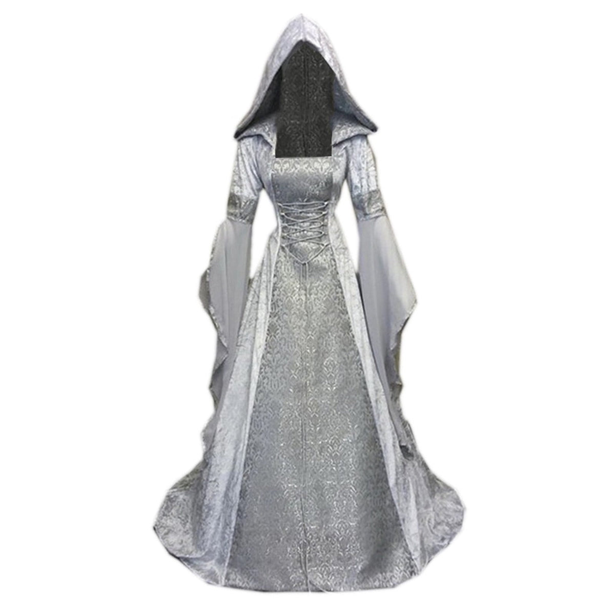 Medieval Renaissance Hooded Dress for Women, Silver Gothic Witch Costume with Lace-Up Corset, Vintage Velvet Long Sleeve Gown for Halloween Cosplay Renaissance Wedding Themed Party-Dark Blue/L