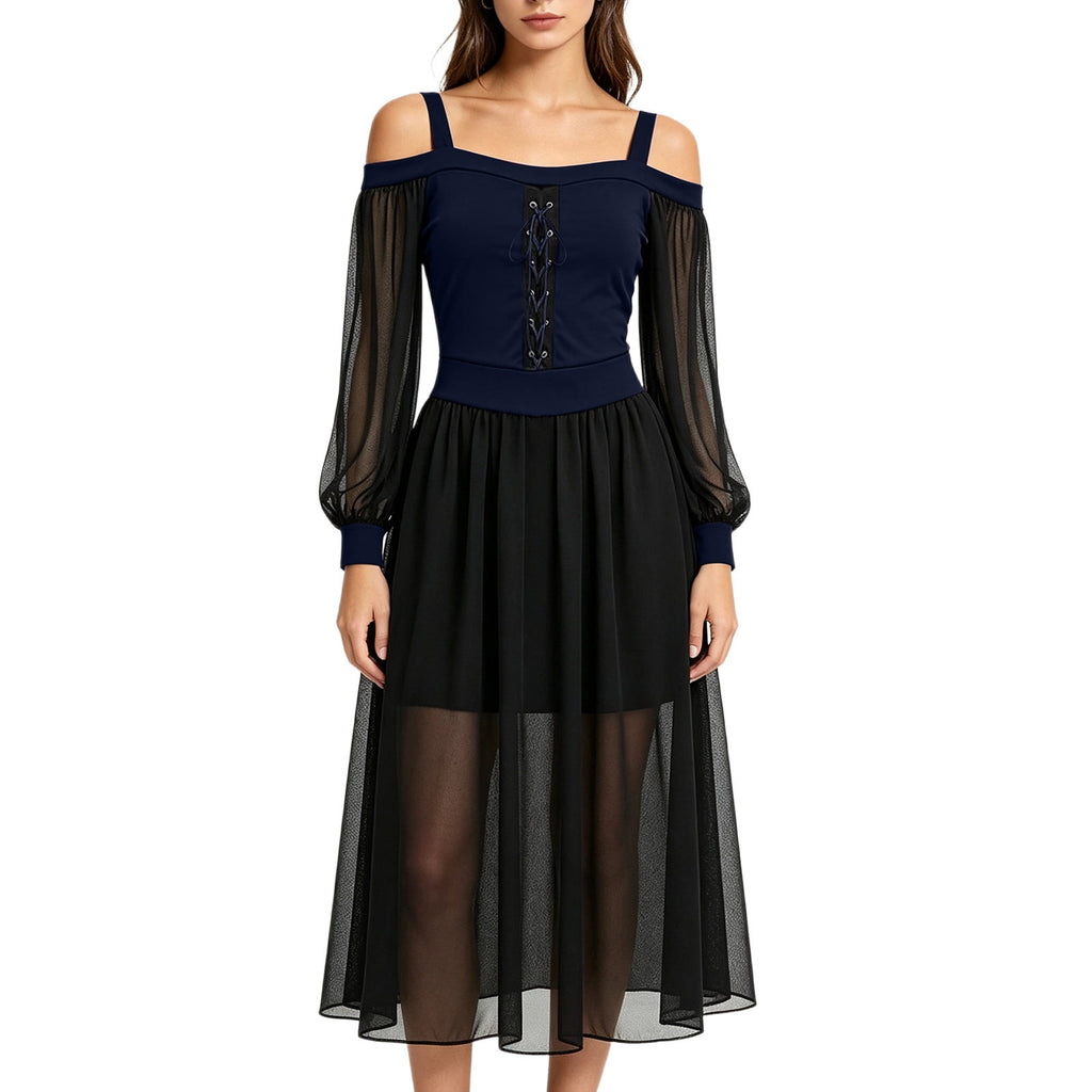 JOANKDMI Women's Gothic Midi Dress Elegant Vampire Costume Cold Shoulder Sheer Long Sleeve Lace-up Corset for Roleplay Halloween Party Outfit Chic, S-3XL