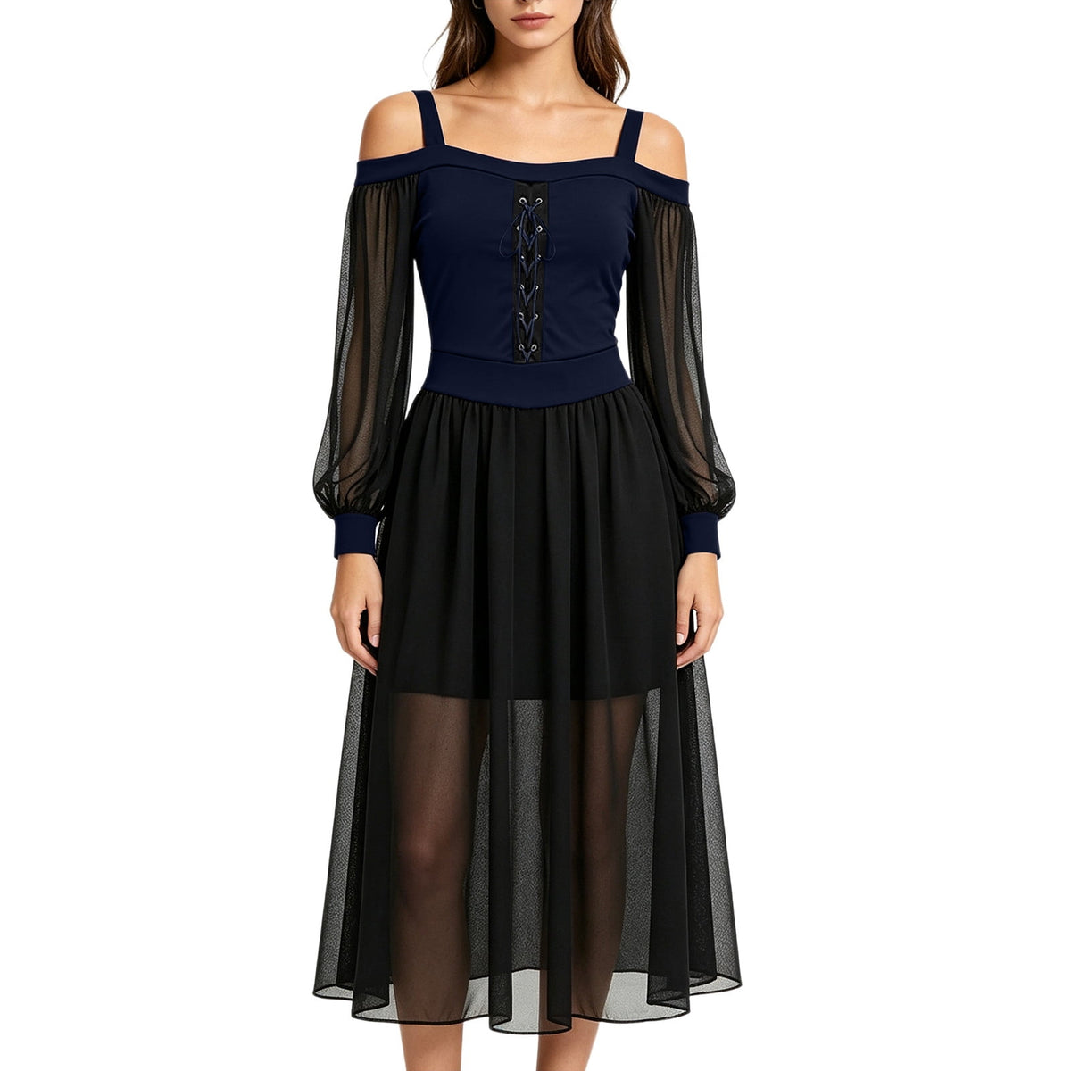 JOANKDMI Women's Gothic Midi Dress Elegant Vampire Costume Cold Shoulder Sheer Long Sleeve Lace-up Corset for Roleplay Halloween Party Outfit Chic, S-3XL