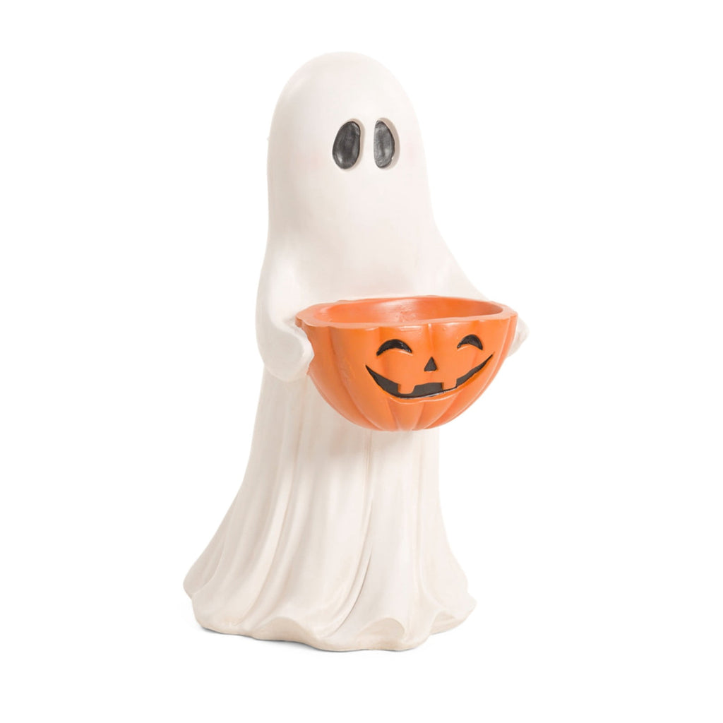 13.7" Halloween Ghost Figurine with Pumpkin Candy Bowl, Indoor Outdoor Safe Ghost Statue for Porch Yard Garden Decoration, Freestanding Halloween Porch Decor