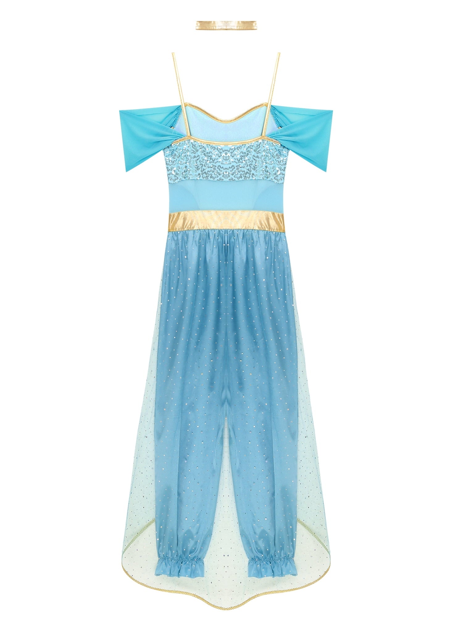 YiZYiF Women's Arabian Princess Dance Costume Halloween Party Fancy Dress Shiny Belly Dance Jumpsuit Turquoise B M