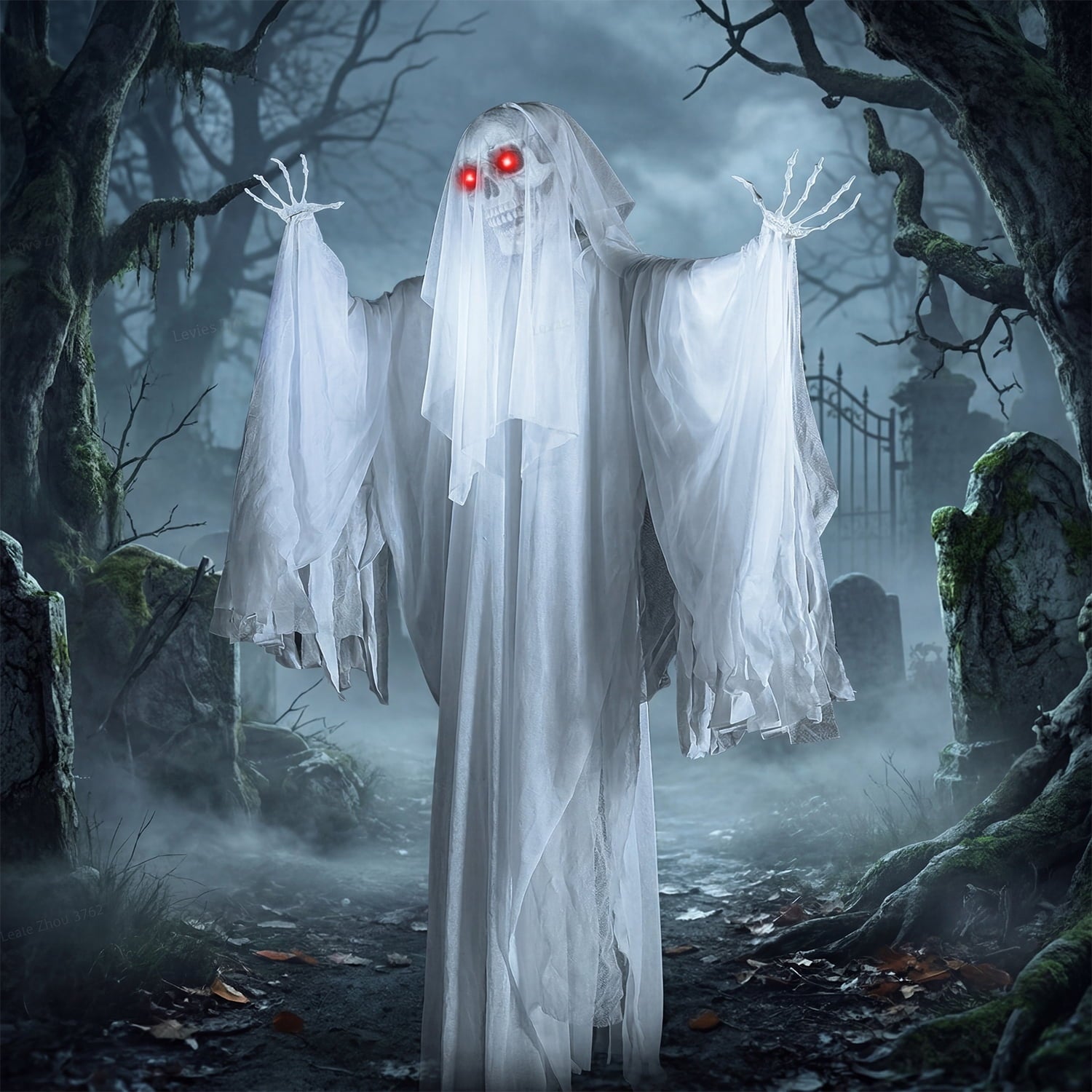 Joyfy 67" Standing Grim Reaper with Chain, Large Halloween Decorations Outdoor, Life Size Animatronics Skelton, Sound-Actived Party Decor with Creepy Sound & LED Eyes, Scary Haunted House Props