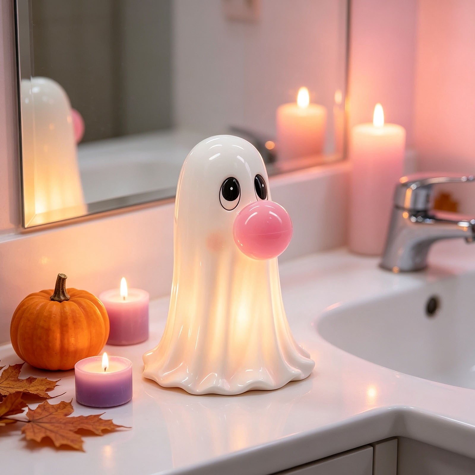 Homellea Light Up Bubble Gum Ghost Halloween Decor, 5.9 Inch Battery Operated Blow Mold Ghost Figurine with Bubble Detail for Tabletop, Mantel, Shelf, Entryway and Indoor Party Display