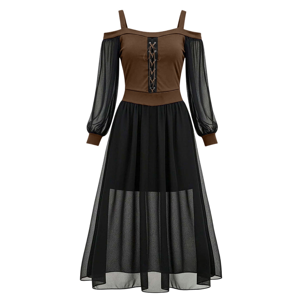 JOANKDMI Women's Gothic Midi Dress Elegant Vampire Costume Cold Shoulder Sheer Long Sleeve Lace-up Corset for Roleplay Halloween Party Outfit Chic, S-3XL