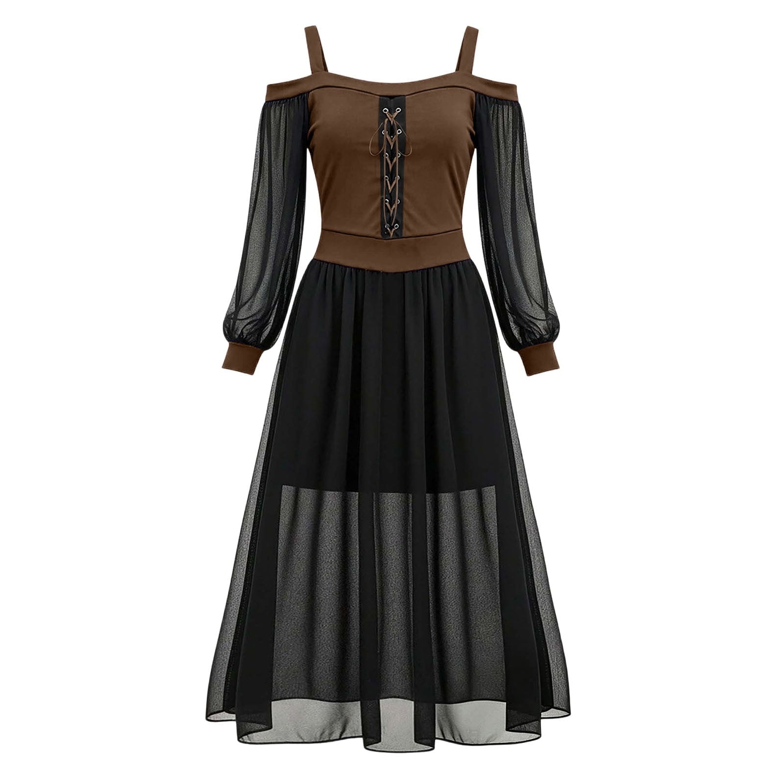 JOANKDMI Women's Gothic Midi Dress Elegant Vampire Costume Cold Shoulder Sheer Long Sleeve Lace-up Corset for Roleplay Halloween Party Outfit Chic, S-3XL