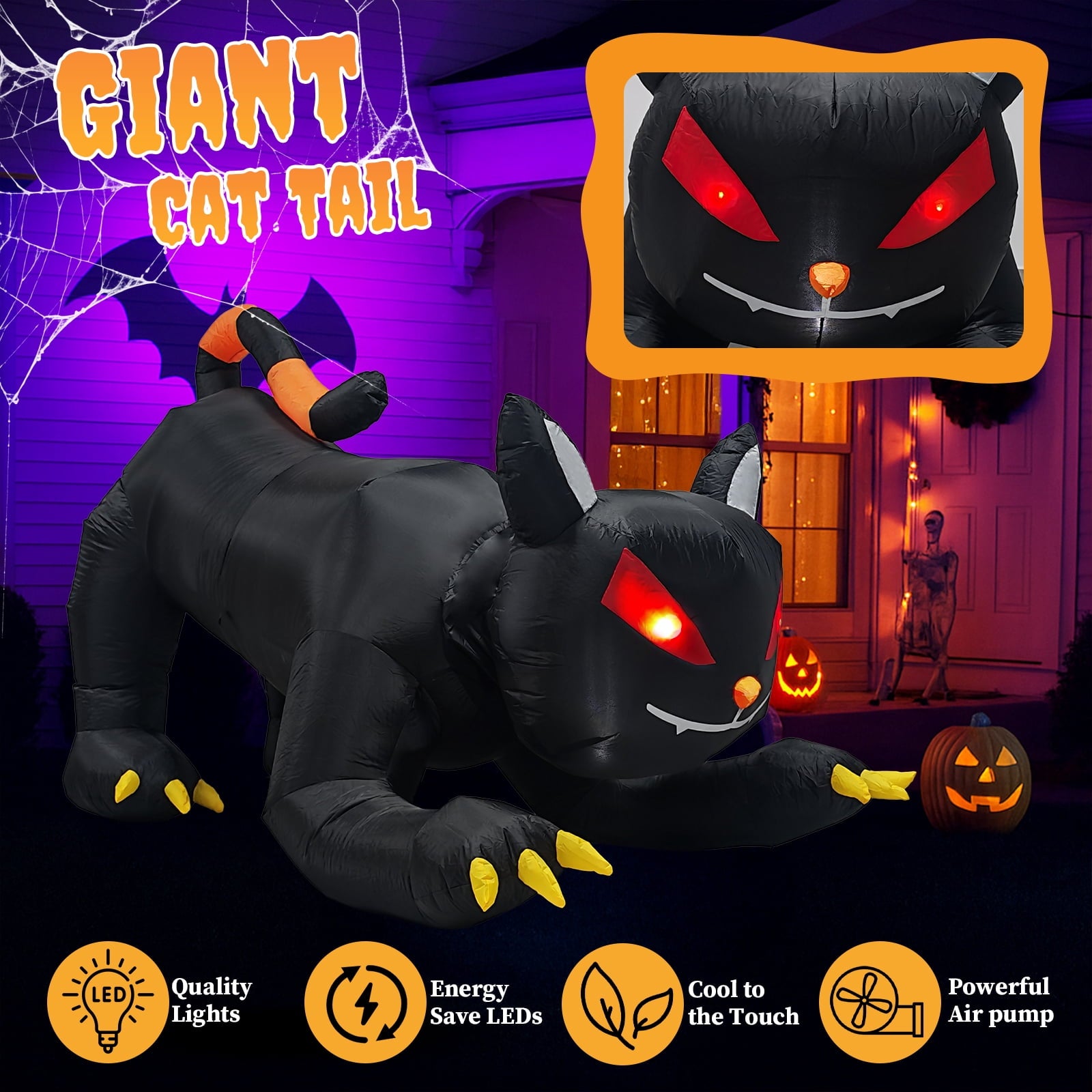 UBesGoo 6.5' Halloween Black Cat Inflatable Moving Head, Halloween Decorations Blow Up Yard Decor Built-in LEDs for Holiday Party