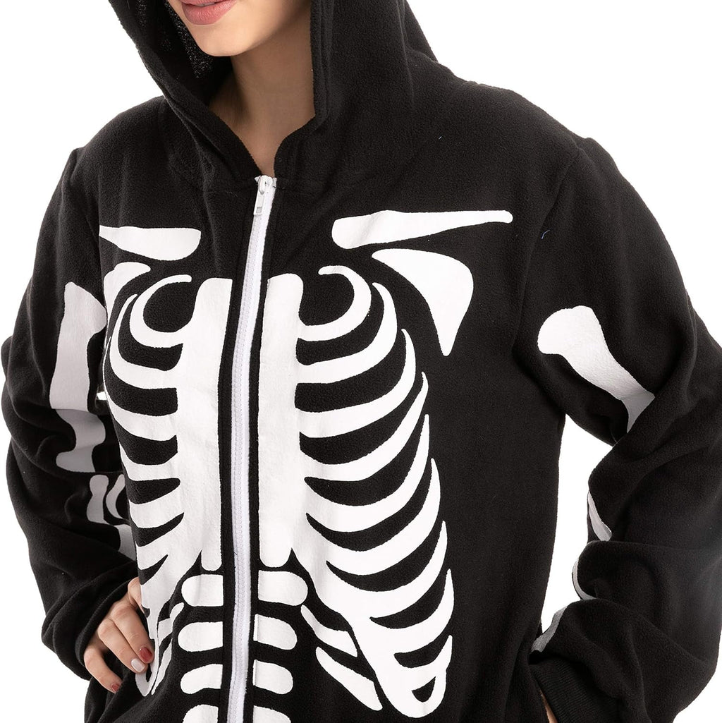 Joyfy Skeleton Costume for Adult Unisex Zip-Up Hooded Jumpsuit Pajama for Halloween Party Cosplay and Themed Events