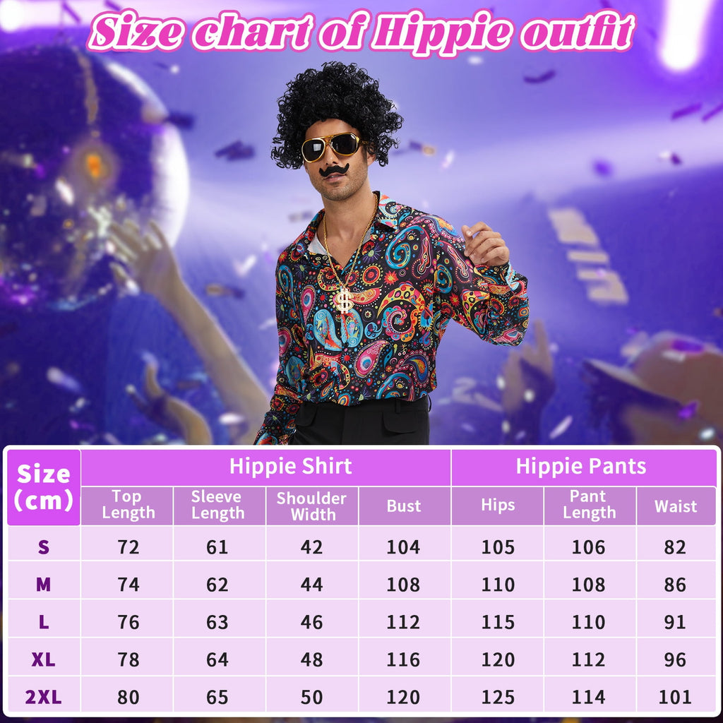 MYATED 70s Disco Costume for Men 6 Pcs Dance Bell Bottom Pants Retro Shirts Wigs Sunglasses Necklace Shirts for Disco Party (Black,L)