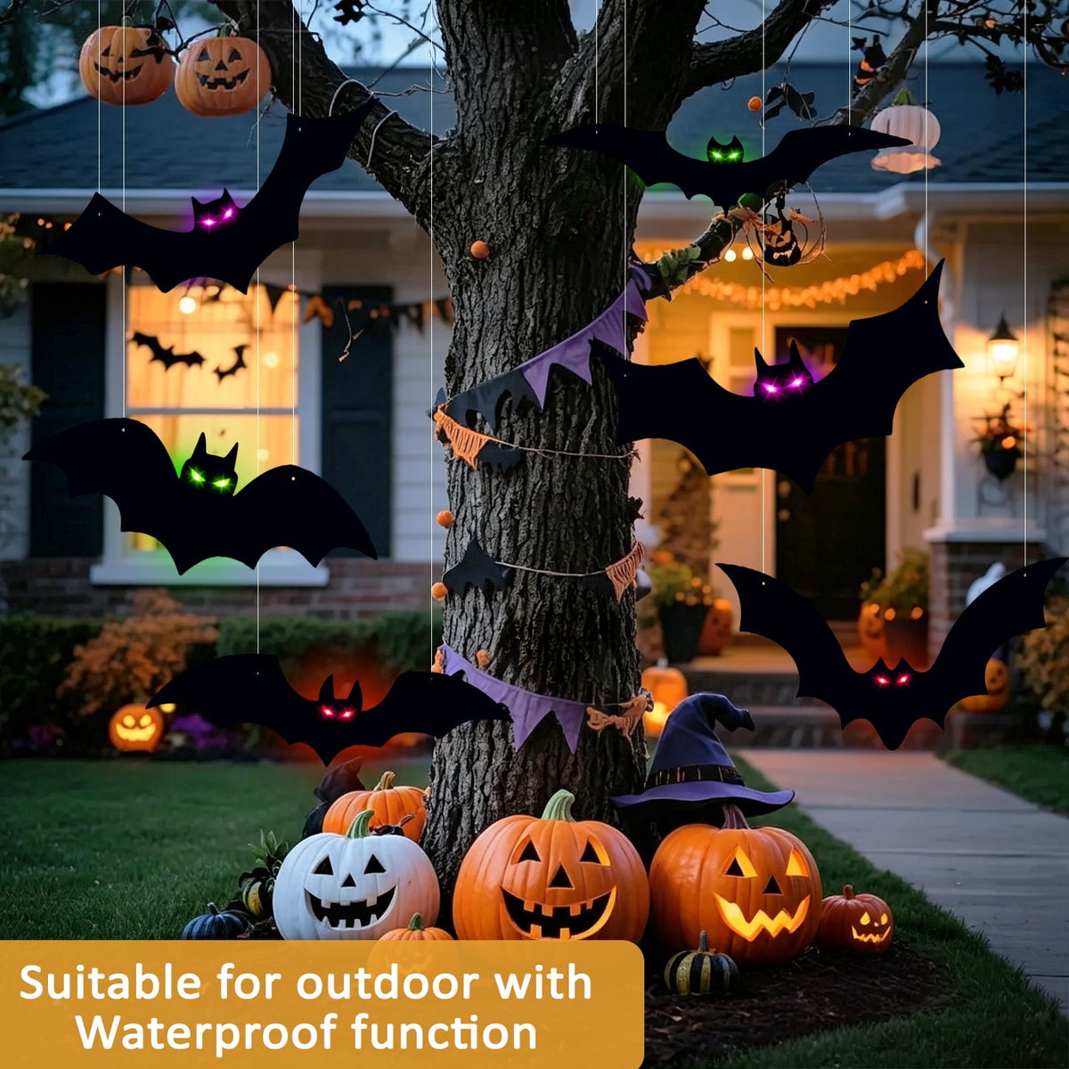 KORALAKIRI 16 Pcs Halloween Hanging Bats Decorations Outdoor, Waterproof Black Bat with Glowing Eyes for Front Door Yard Tree Halloween Hanging Decorations Outside