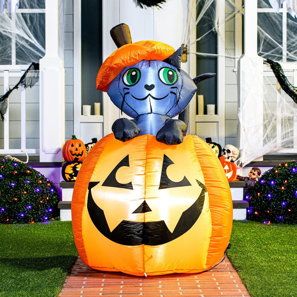 Joyfy 5 ft Halloween Inflatable Animated Cat on Pumpkin,Halloween Outdoor Decoration with LED Lights,Blow Up Decoration for Yard & Lawn,Party