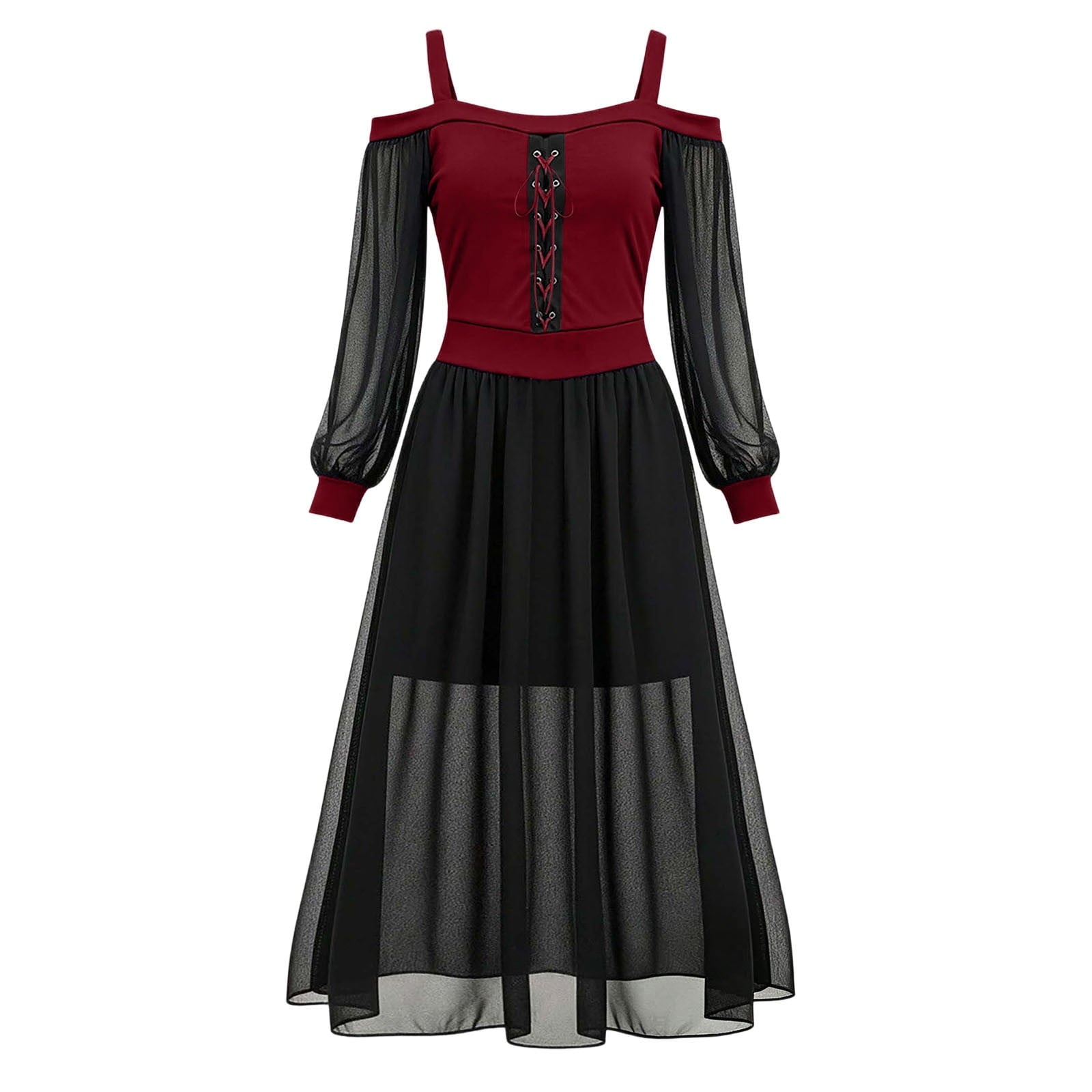 JOANKDMI Women's Gothic Midi Dress Elegant Vampire Costume Cold Shoulder Sheer Long Sleeve Lace-up Corset for Roleplay Halloween Party Outfit Chic, S-3XL