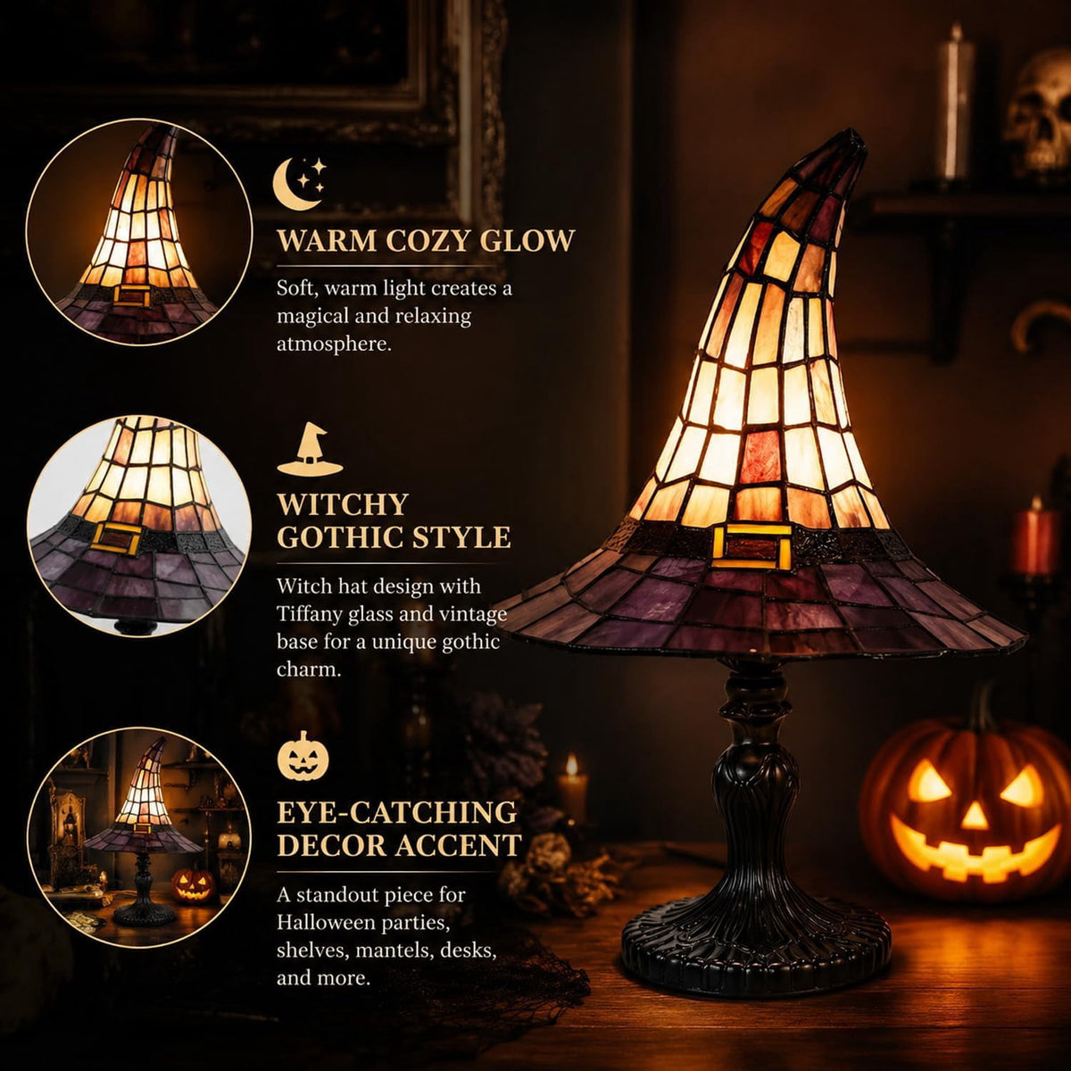 Clearance Halloween Table Lamp Decorations, Witch Hat Lamp Gifts - Handcrafted Retro Resin Witch Lamp, USB Powered Gothic Wizard Hats Night Light, Home Decor Accent Lamps for Bedroom