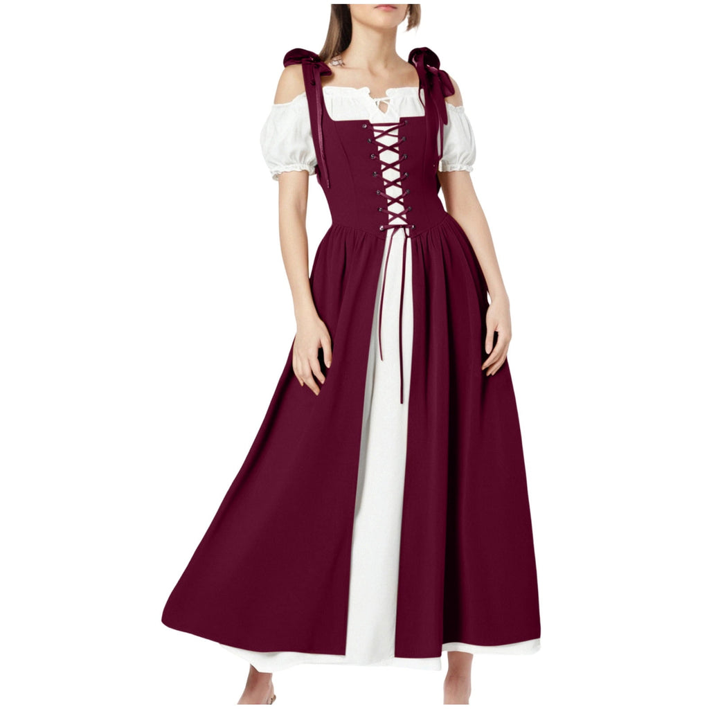 QATAINLAV Renaissance Costume Women Vintage Medieval Dress Cold Shoulder Short Sleeve Peasant Pirate Irish Maxi Dresses, Black, L