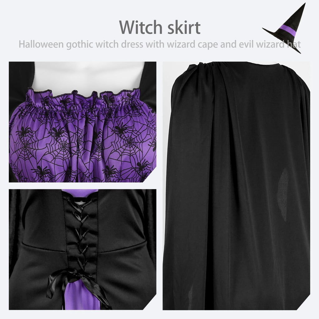 Women's Witch Costume Halloween Gothic Witch Dress with Witches Cape and Wicked Witches Hat
