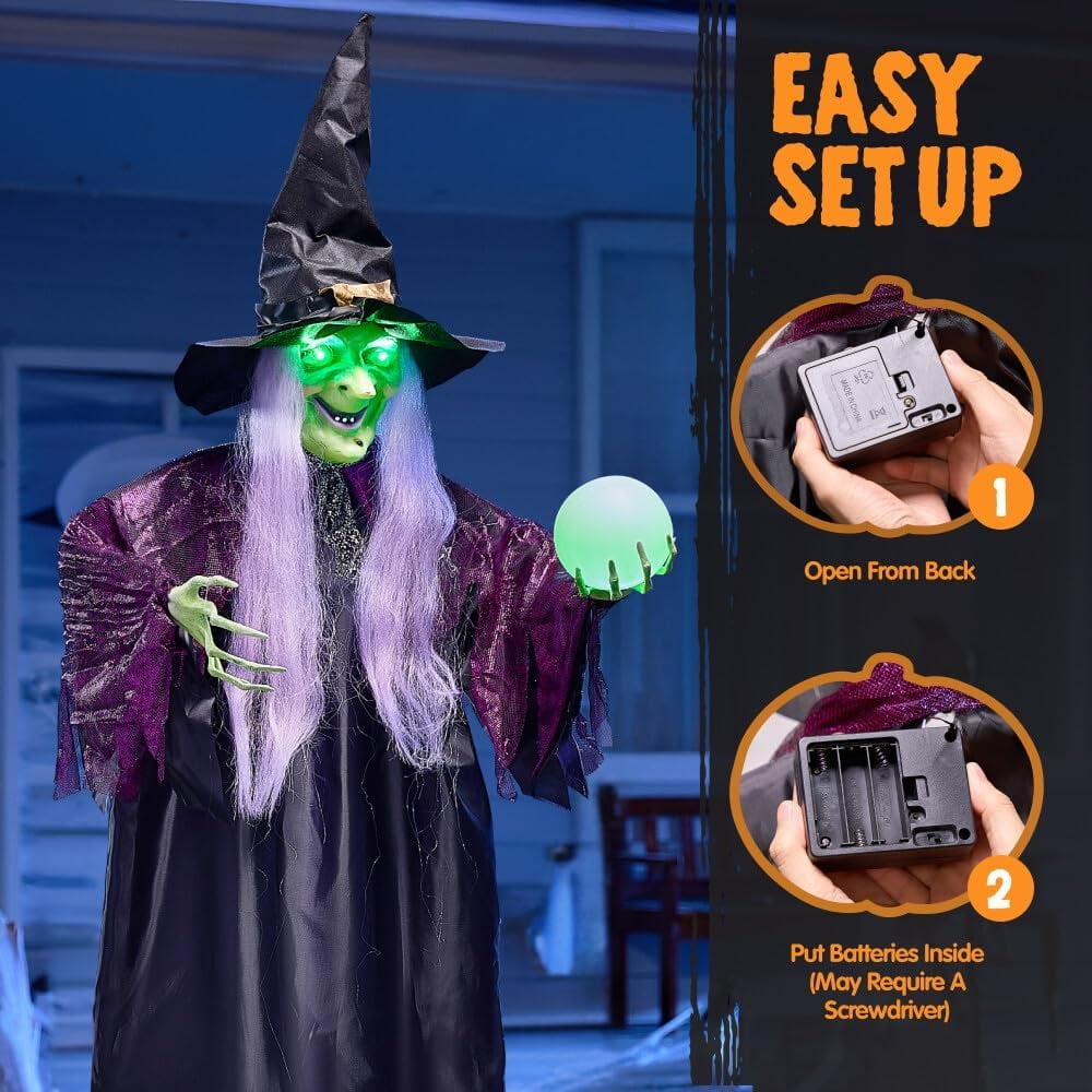 Joyfy 6ft Halloween Witch Decoration,Outdoor Scary Halloween Animatronic Hanging Witch with Light Up Eyes and Sound Decoration for Halloween Outdoor