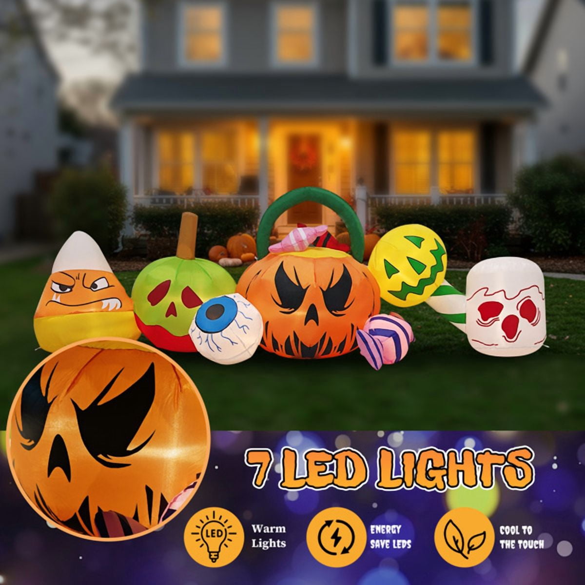 Alvantor 8 ft Long Halloween Inflatable Pumpkin Candy Display with Eyeball and 7 Warm White LED Lights