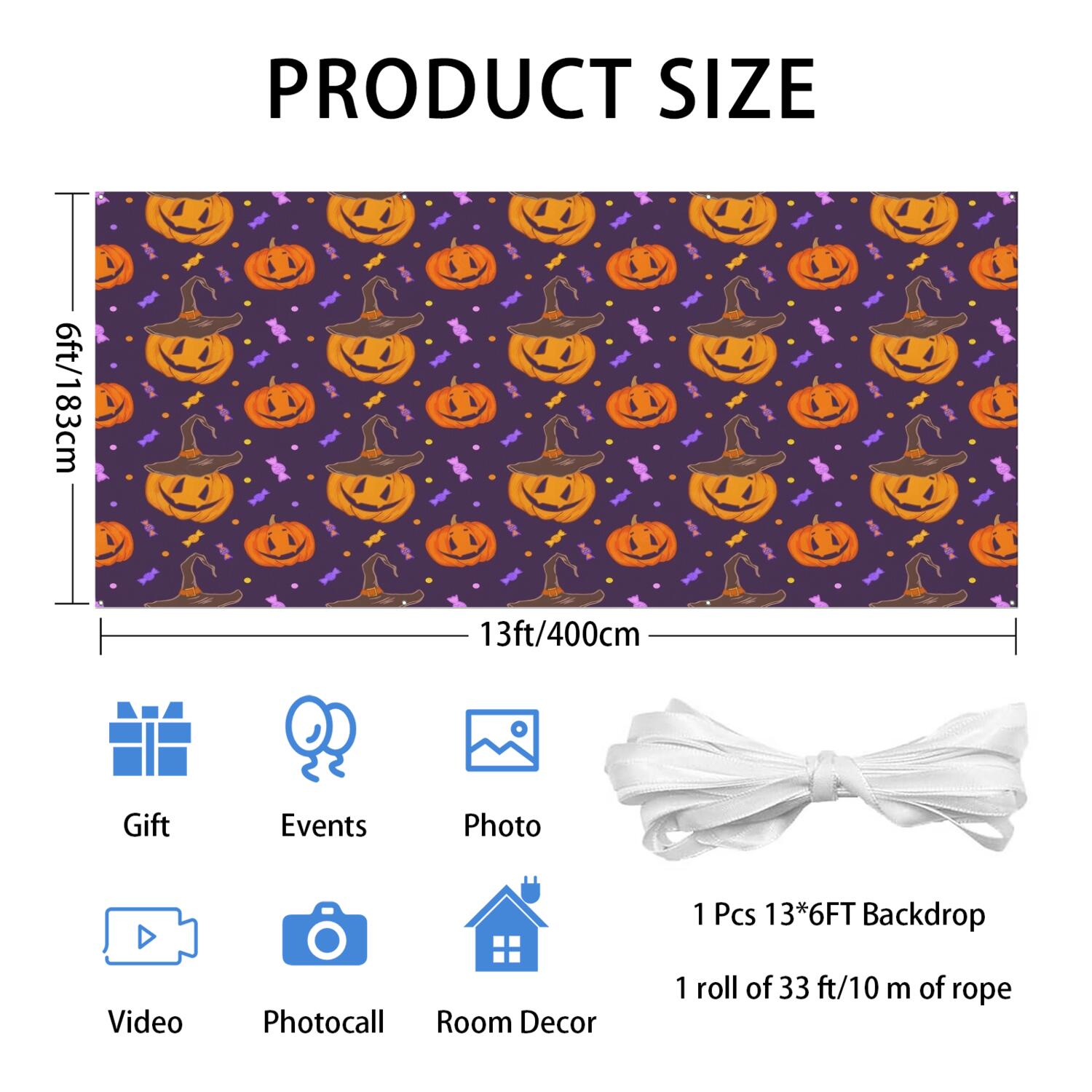 Halloween Garage Door Cover - 13x6ft Spooky Ghost Pumpkin Skull Witch Black Cat Polyester Backdrop for Outdoor Decor