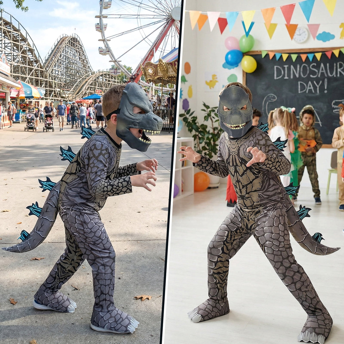 Pigmiss Kids Dinosaur Costume, Full Body Raptor Dino Suit with Mask and Tail, Halloween Cosplay Outfit for Boys Girls Party Dress Up
