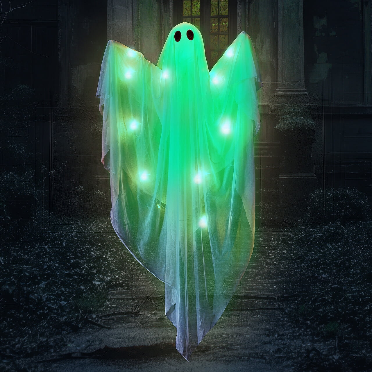 Joyfy 47" Halloween Hanging Light up Ghost Decorations Outdoor,White Ghosts with Blue LED Light and Timer Halloween Hanging Decoration Waterproof for Front Yard Patio Lawn