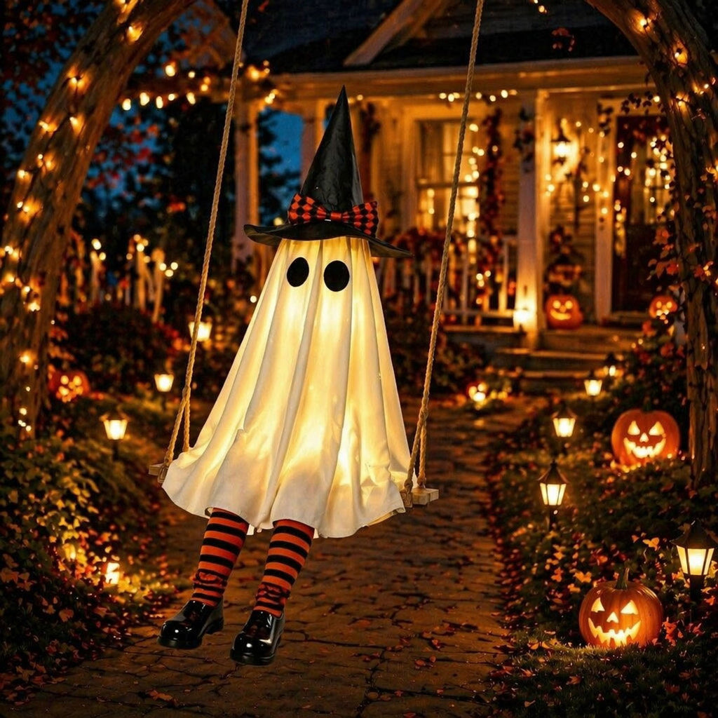 Cloth Hanging Swing Ghost Halloween Outdoor Decor,Remote Controlled LED Lighted Floating Ghost Ornament With 8 Lighting Modes For Porch Tree Yard Seasonal Holiday Display,Total Length 120.4 in.A