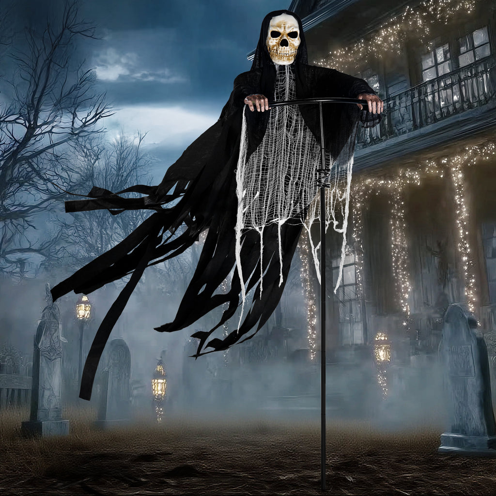 Joyfy 7.8 Ft(93.6 in) Halloween Grim Reaper Decorations Outdoor, Rotatable Flying Scream Scarecrow Skeleton Ghosts Decor for Graveyard Haunted House Props, Garden, Porch, Yard Lawn
